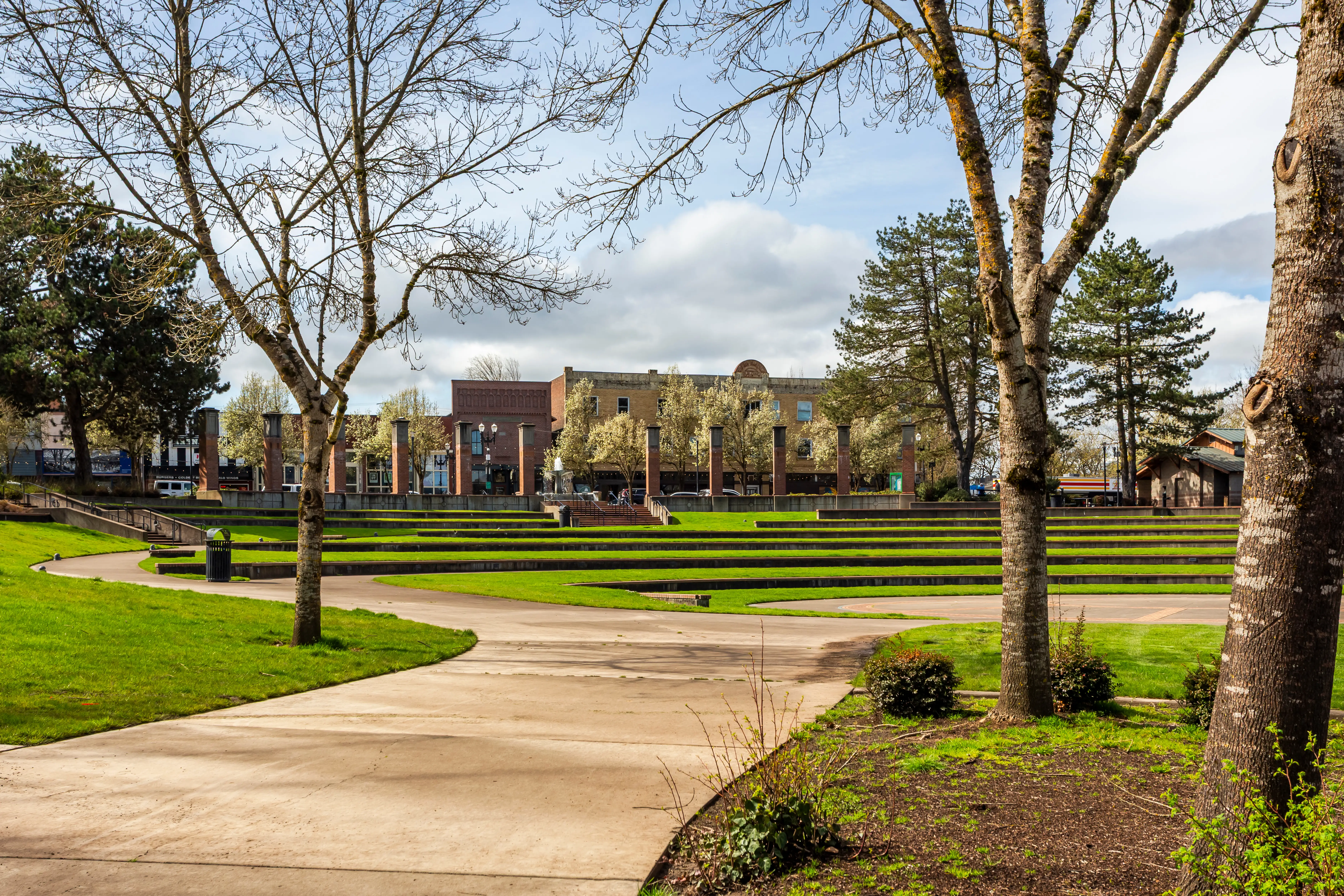 Central Park amphitheater and historic downtown Independence, Oregon in spring