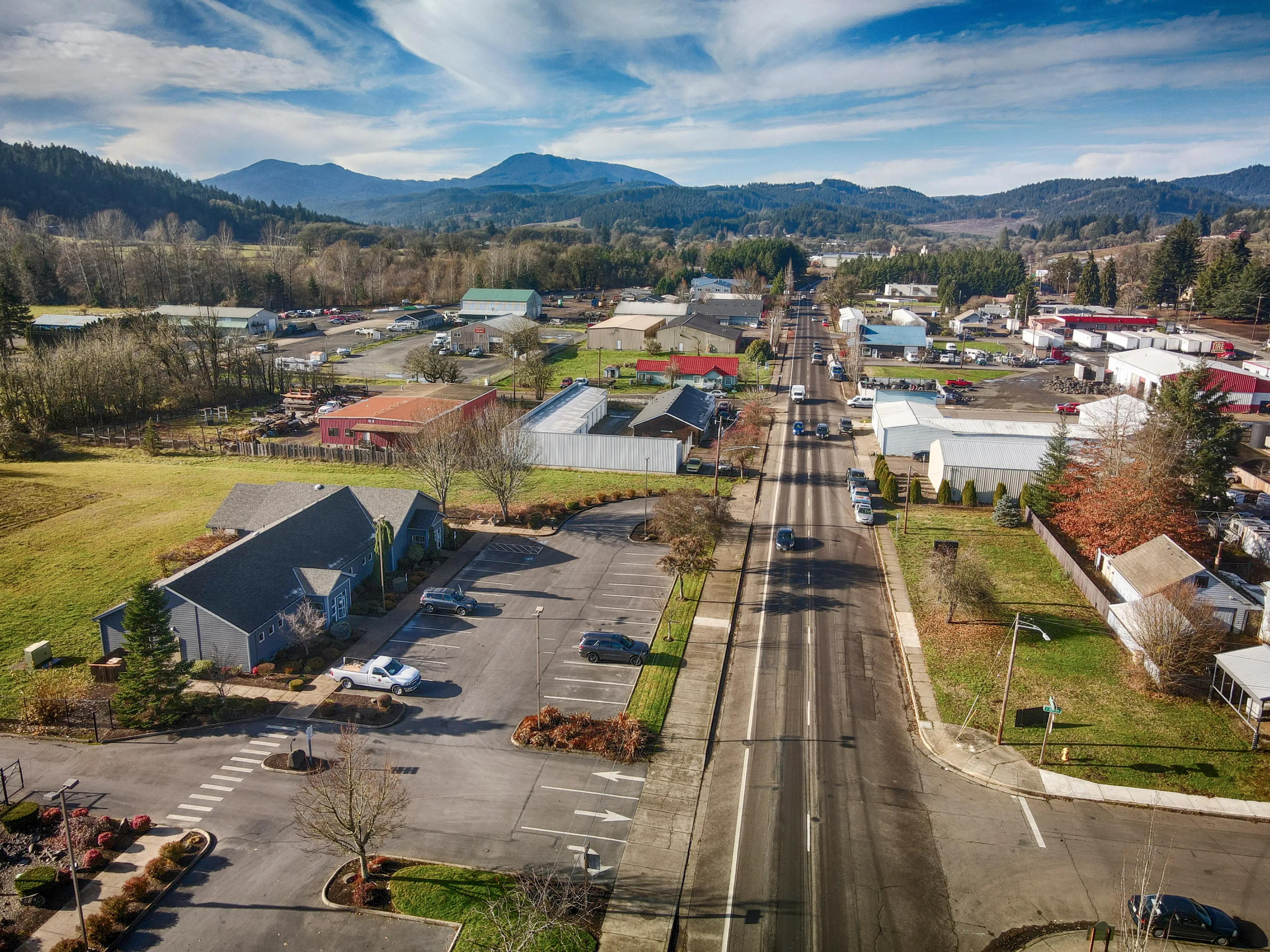 Aerial view of downtown Philomath, Oregon with Marys Peak in the background