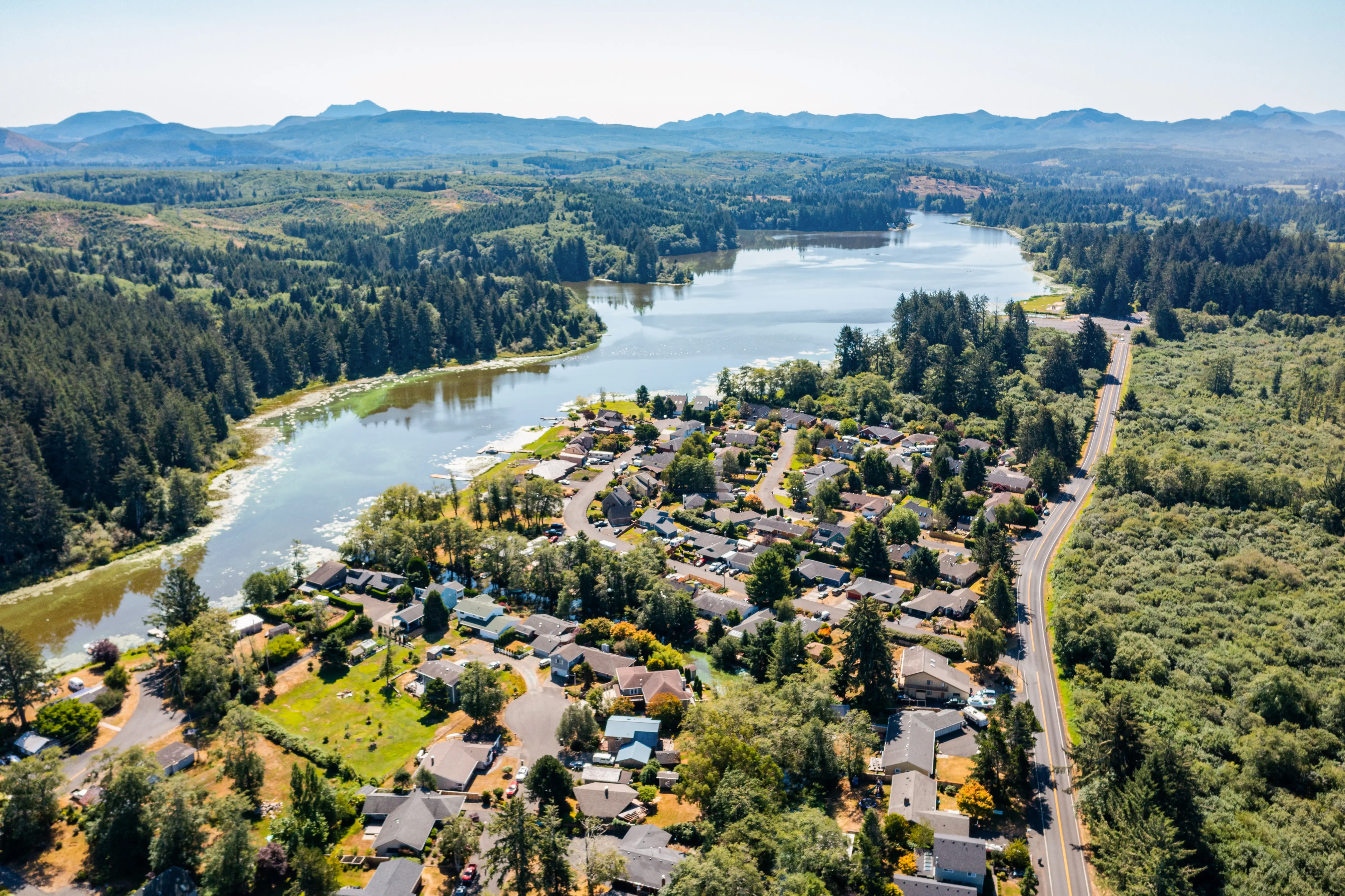 Aerial view of Warrenton Oregon coast and harbor